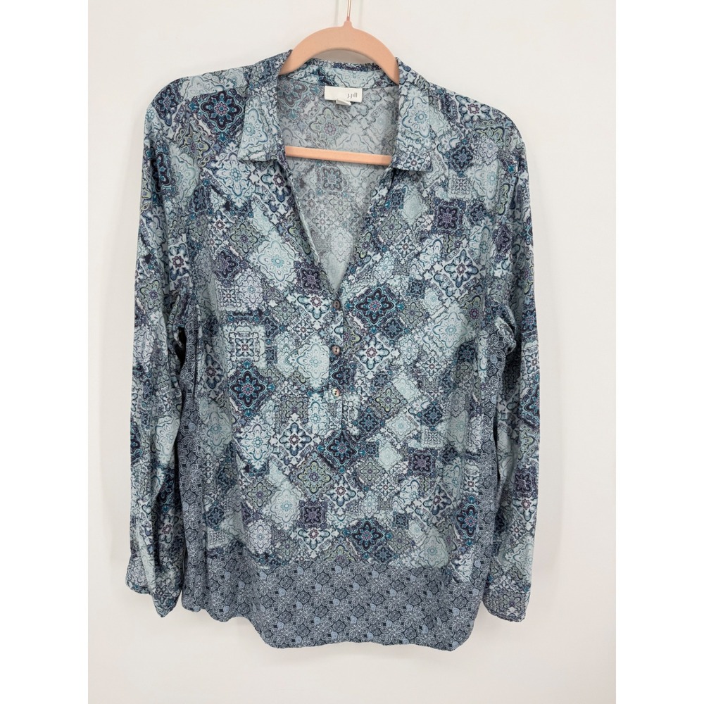 J. Jill Blouse Women Large Blue Mosaic Patchwork Rayon Long Sleeve Tunic Top